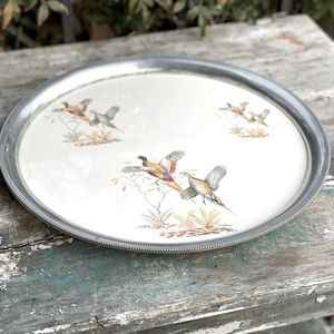 Vintage serving tray pewter silver rim Ducks & pheasant Farmhouse cabin decor
